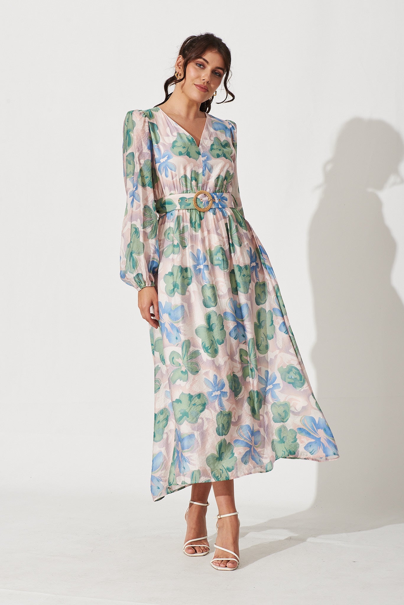 Adrini Maxi Dress In Blush With Green Floral Print - full length