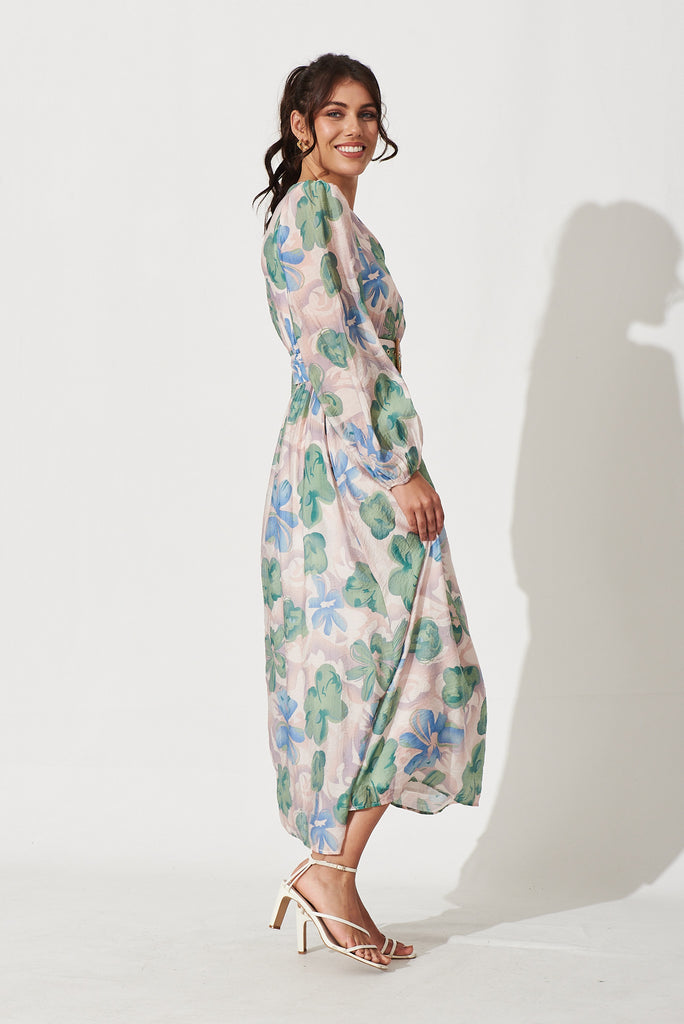 Adrini Maxi Dress In Blush With Green Floral Print - side