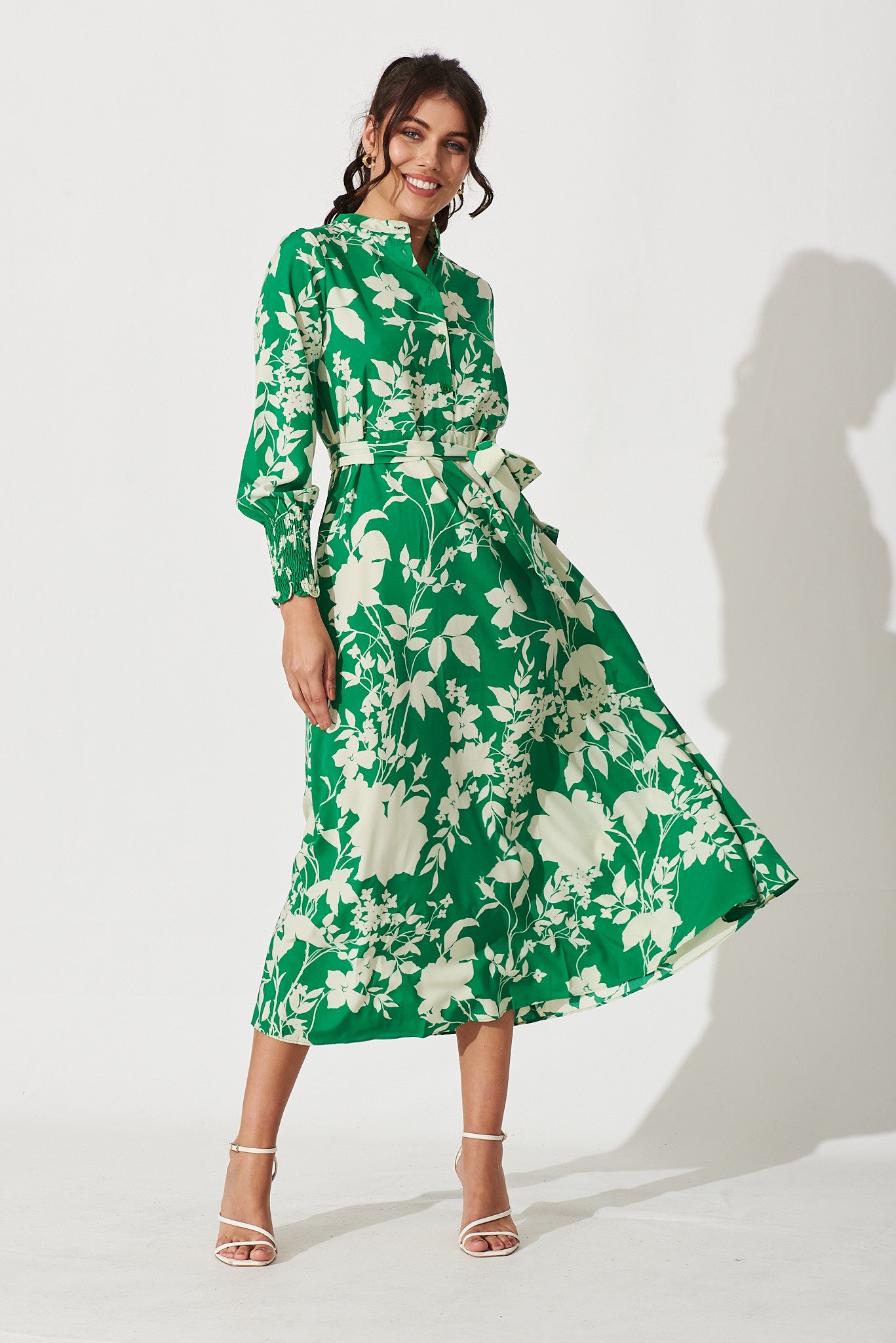 Reinita Midi Dress In Green With Cream Floral - full length