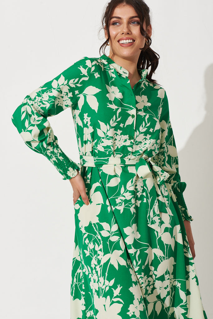 Reinita Midi Dress In Green With Cream Floral - front