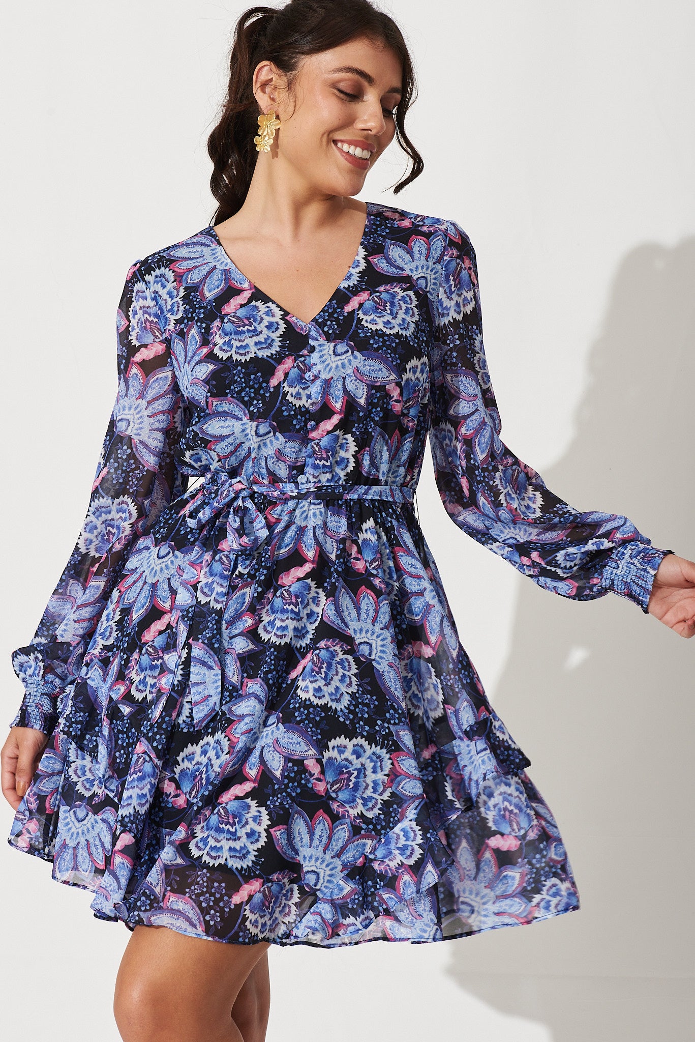 Shakira Dress In Blue With Multi Print - front