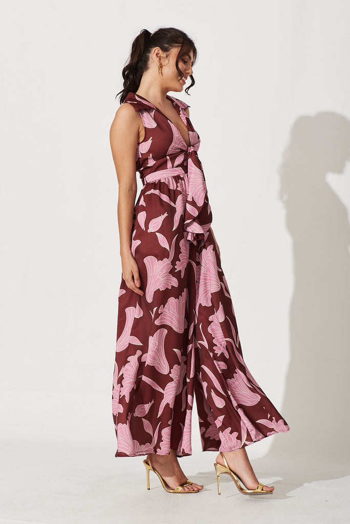 Daiquiri Jumpsuit In Burgundy With Pink Floral - side