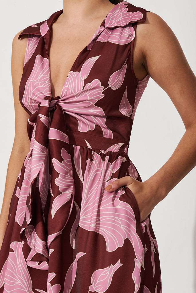 Daiquiri Jumpsuit In Burgundy With Pink Floral - detail