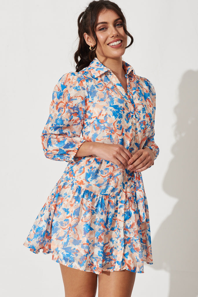 Odeya Shirt Dress In White With Blue And Rust Print Burnout Chiffon - front