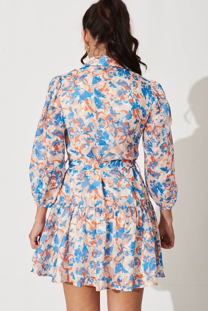 Odeya Shirt Dress In White With Blue And Rust Print Burnout Chiffon - back
