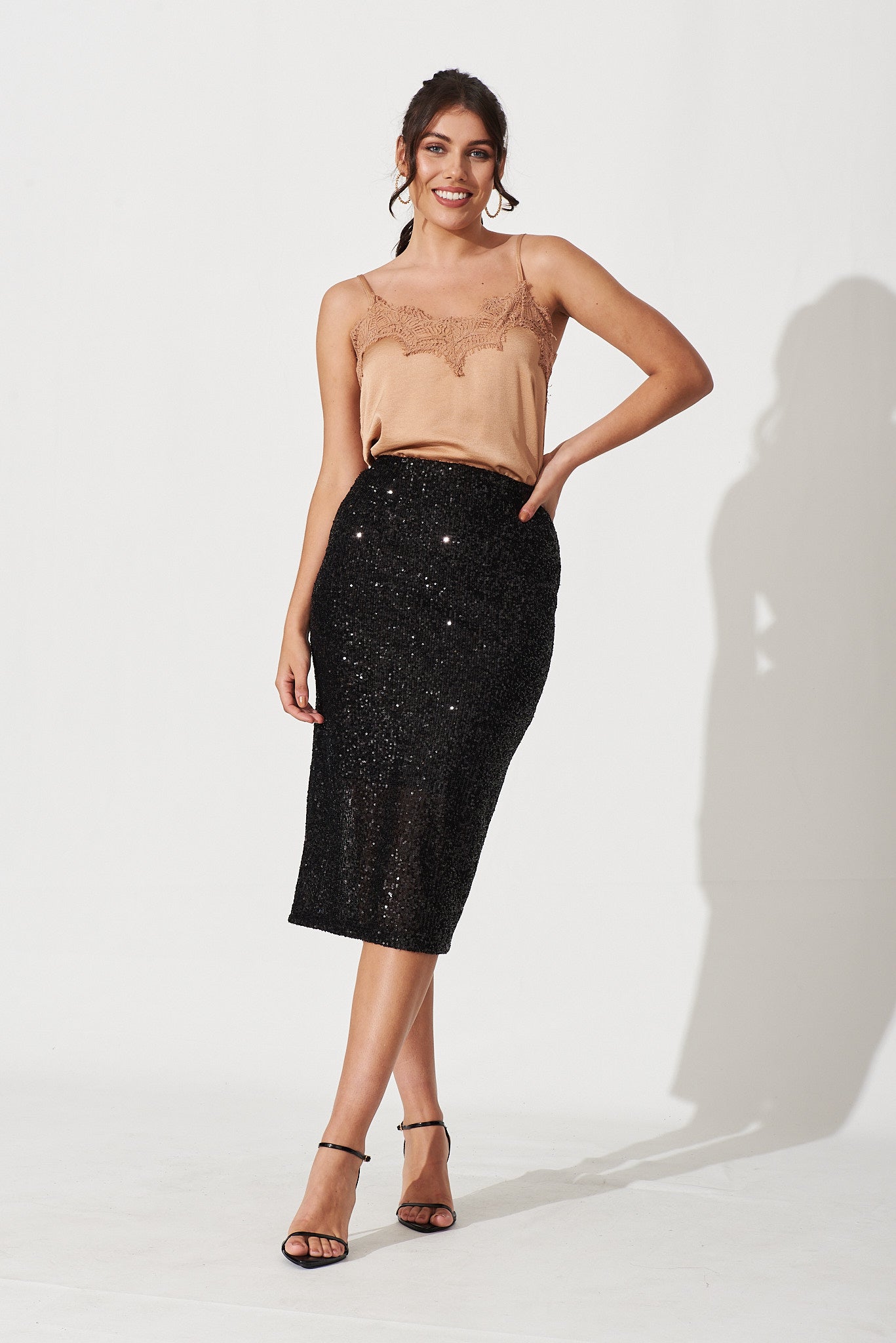 Astara Midi Skirt In Black Sequin - full length