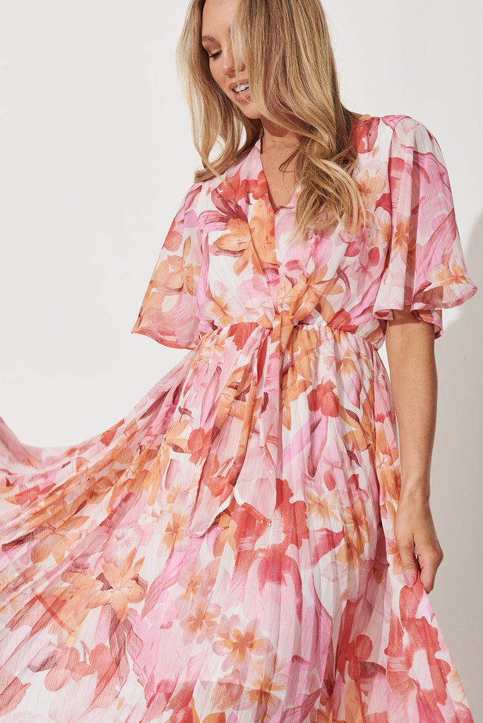 Blakely Dress In Pink Floral Lurex Chiffon - detail