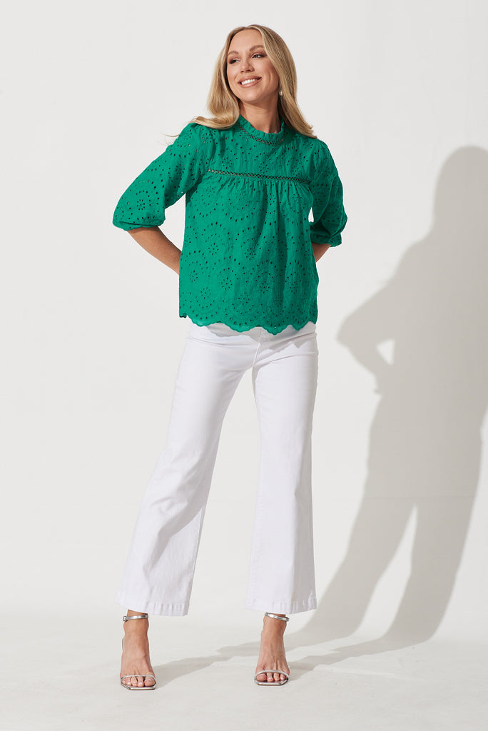 Donia Top In Green Embroidery - full length