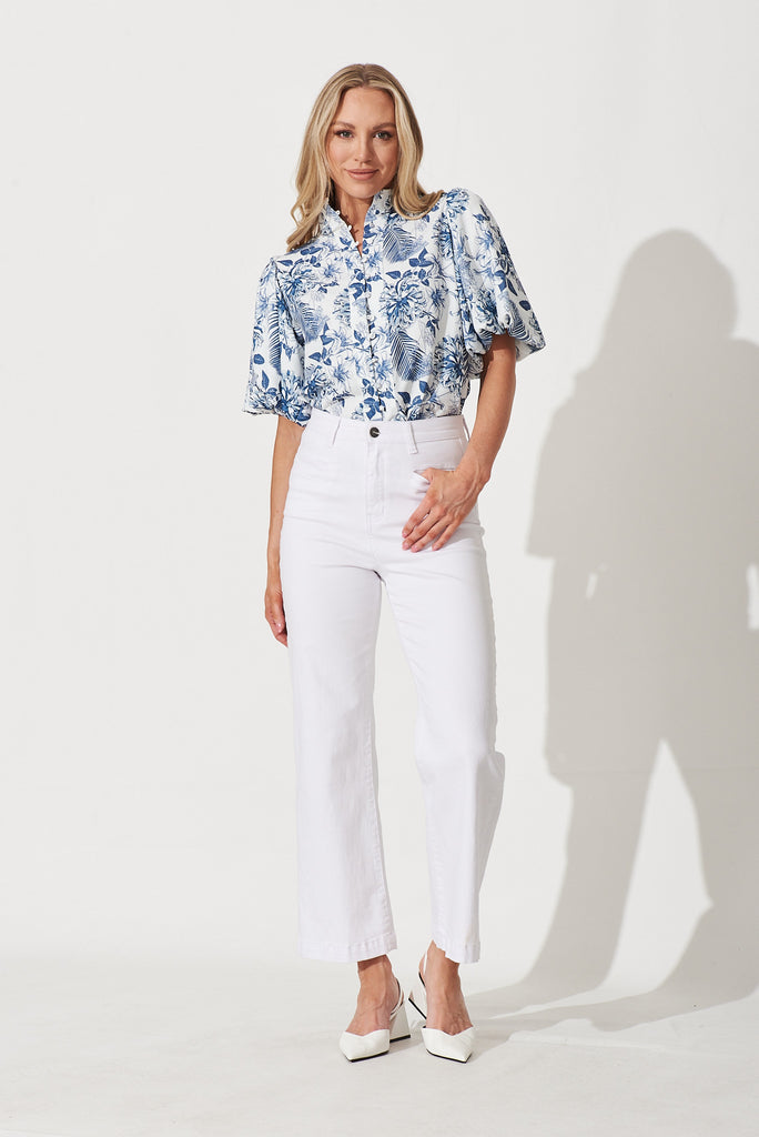 Prudence Shirt In White With Blue Print - full length