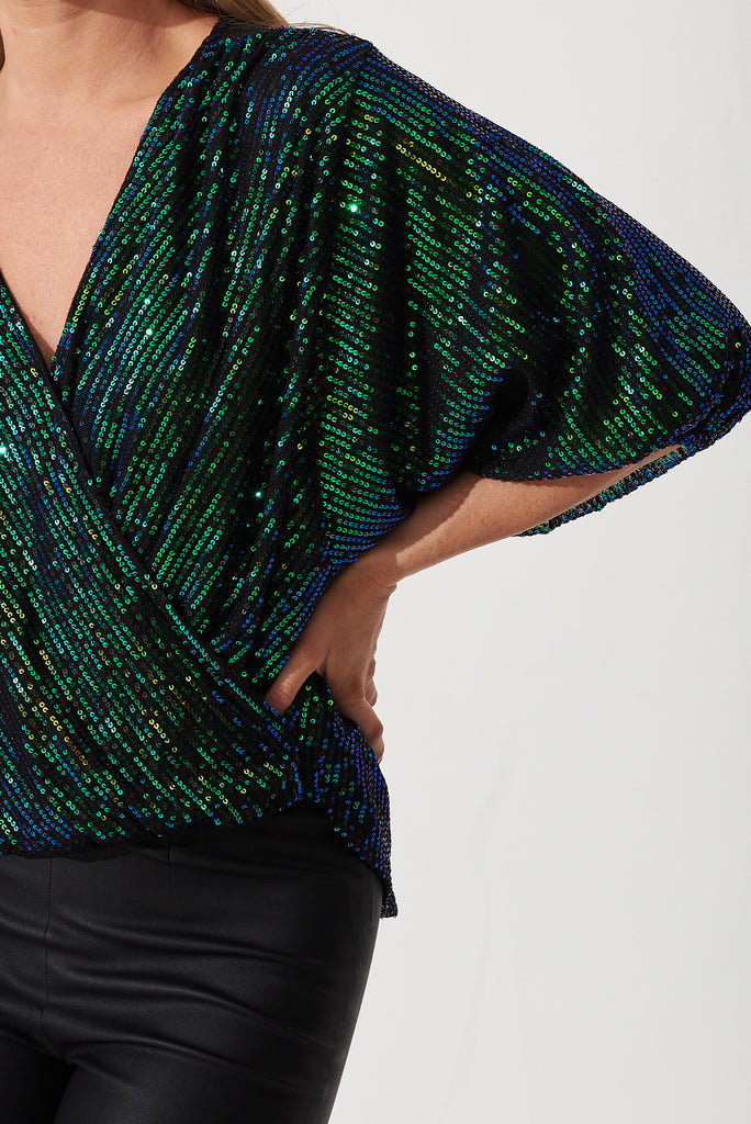 Celebration Sequin Mock Wrap Top In Bright Green - detail