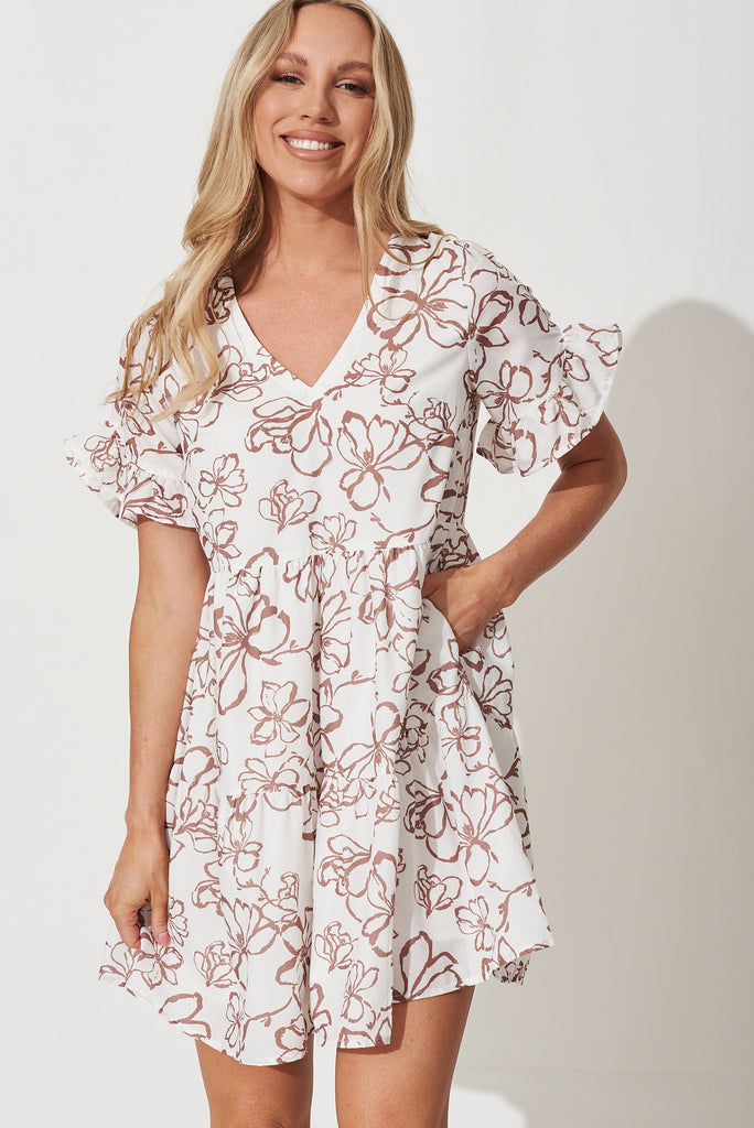 Lindsey Smock Dress In White With Brown Floral Cotton Blend - front