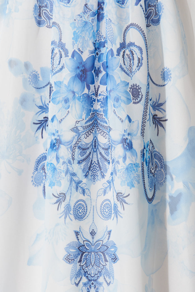 Daniella Midi Dress In White With Blue Chiffon - fabric