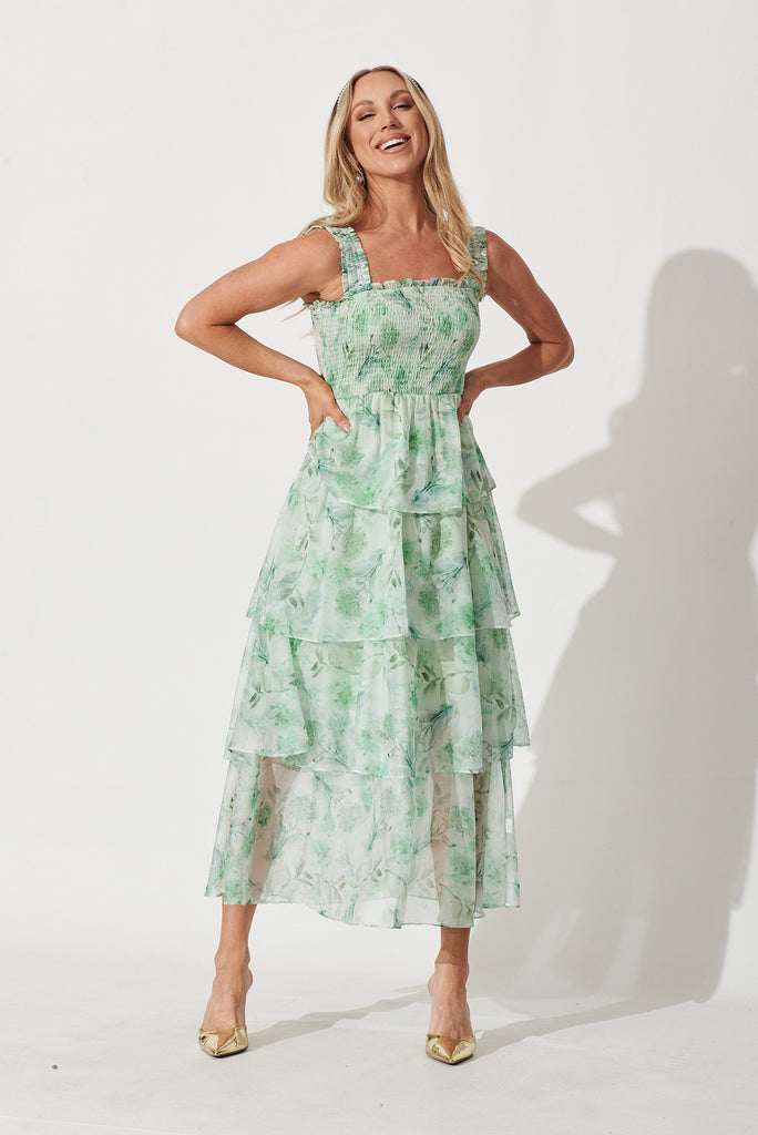 Briony Maxi Dress In Green Watercolour Floral Chiffon - full length
