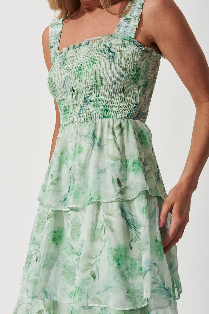 Briony Maxi Dress In Green Watercolour Floral Chiffon - detail
