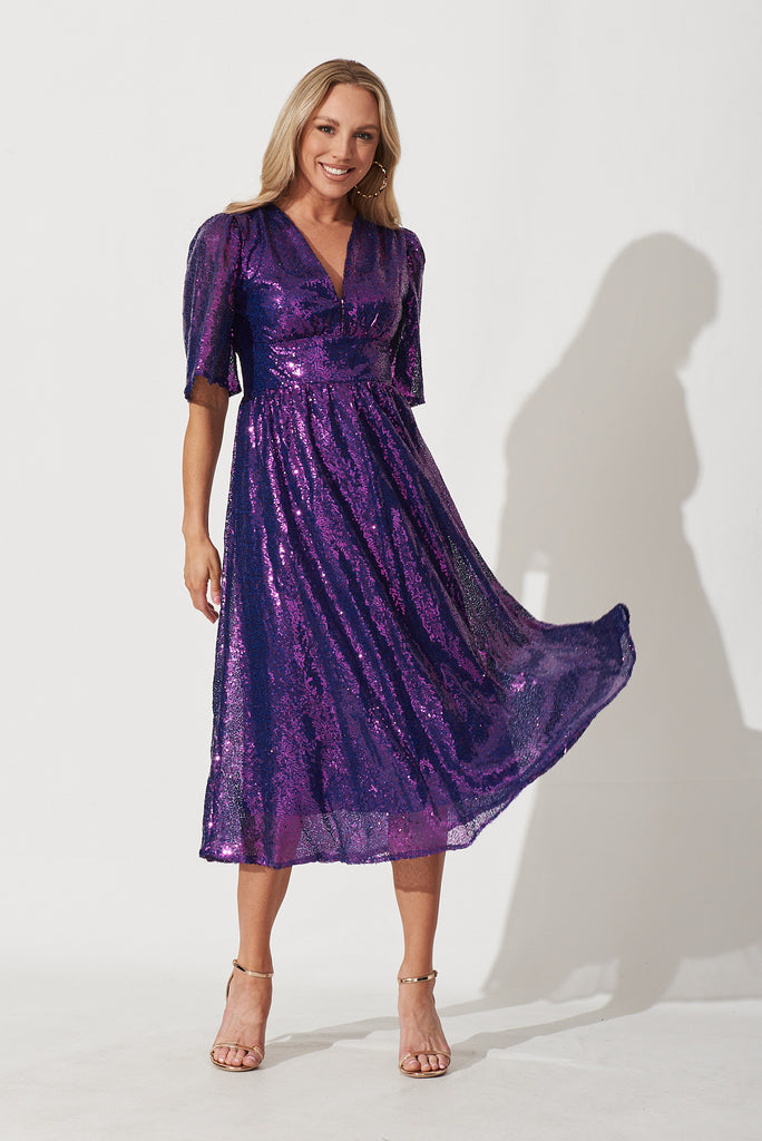 Livorno Midi Dress In Purple Sequin - full length