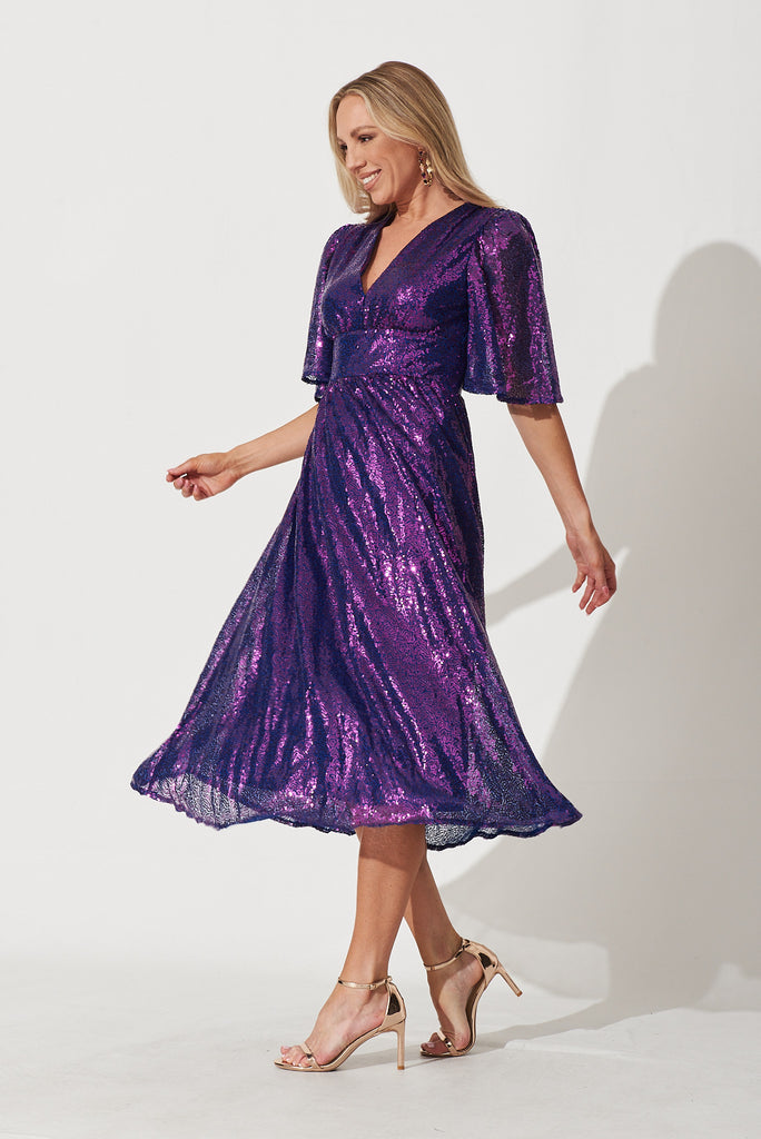 Livorno Midi Dress In Purple Sequin - side