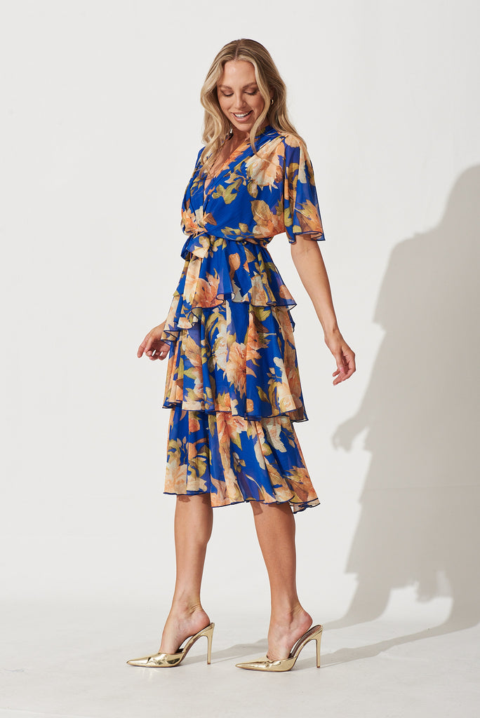 Mindy Midi Dress In Cobalt Blue With Apricot Floral Chiffon - side