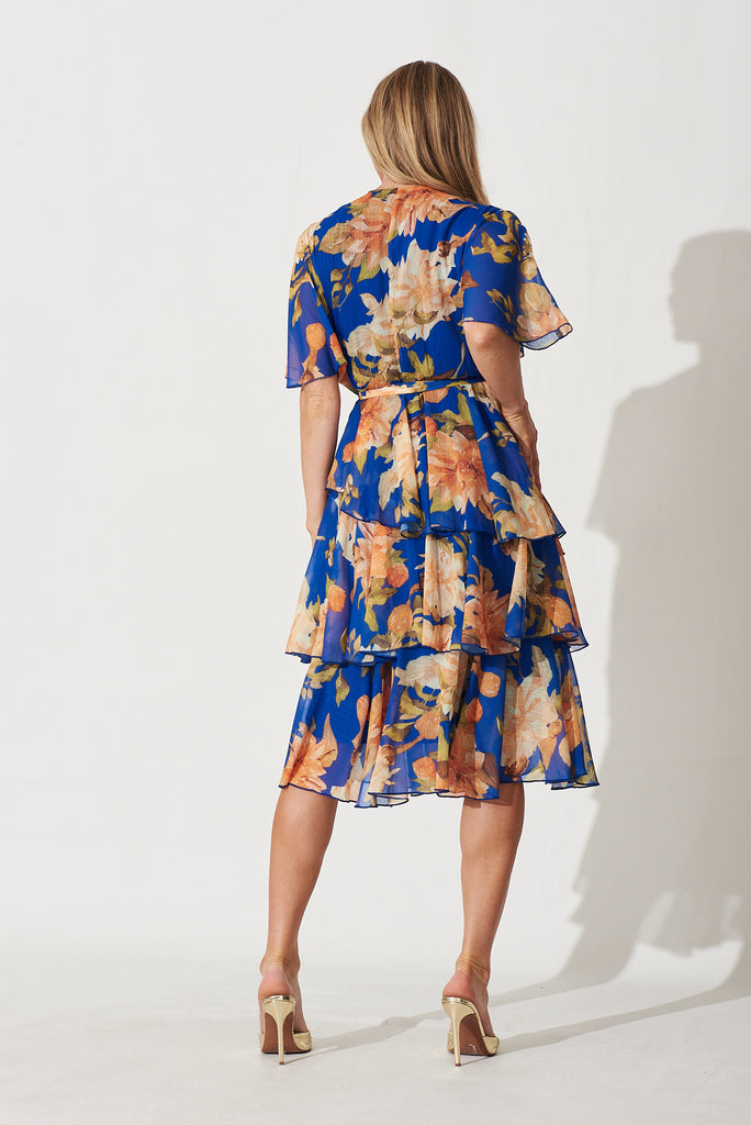 Mindy Midi Dress In Cobalt Blue With Apricot Floral Chiffon - back