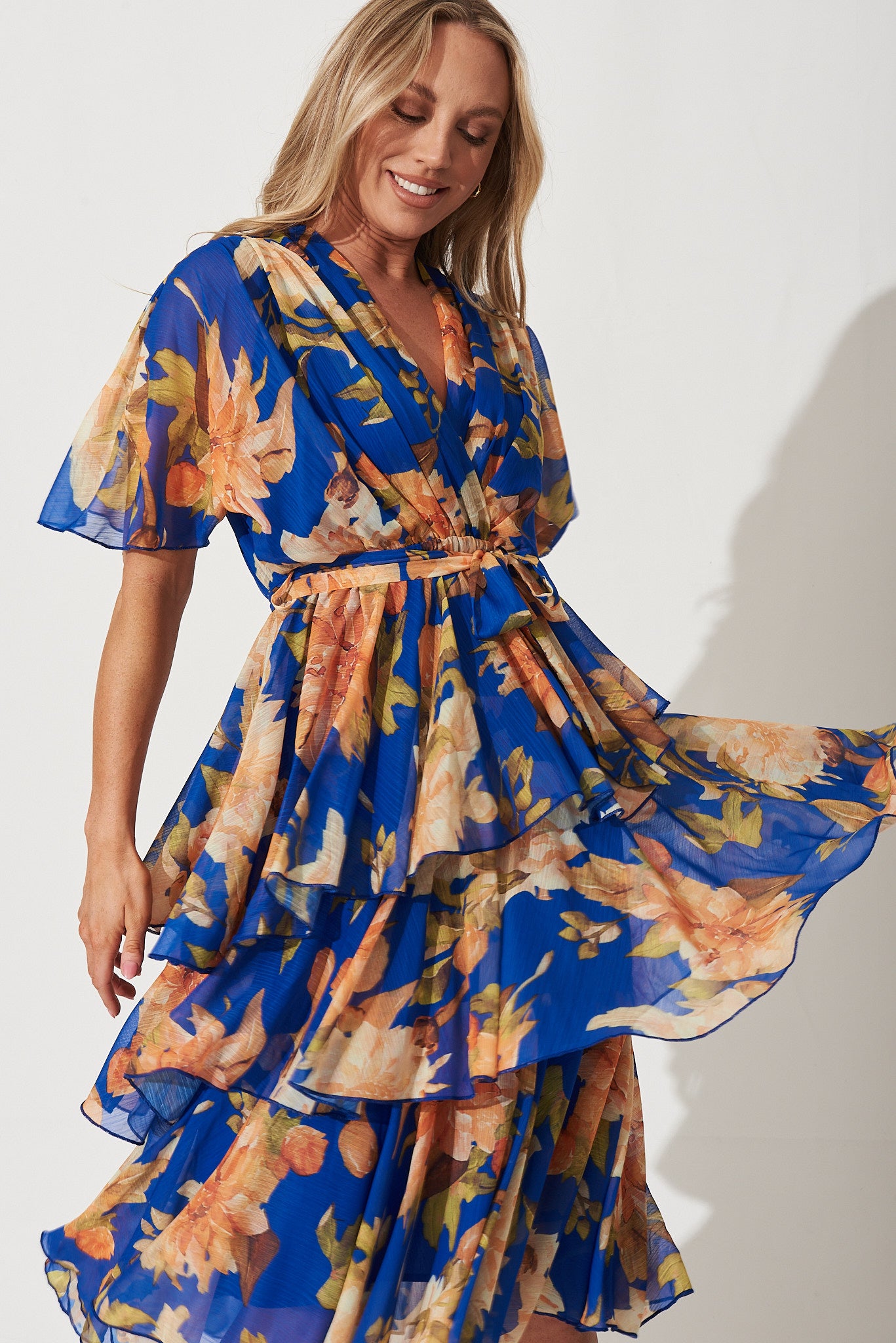 Mindy Midi Dress In Cobalt Blue With Apricot Floral Chiffon – St Frock