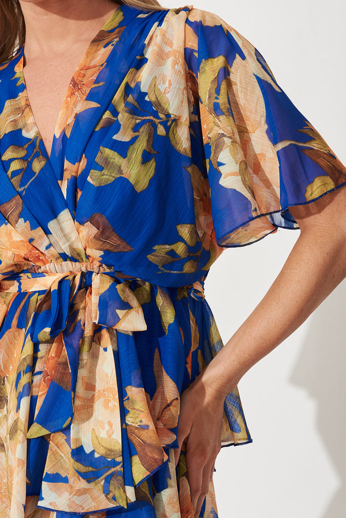 Mindy Midi Dress In Cobalt Blue With Apricot Floral Chiffon - detail