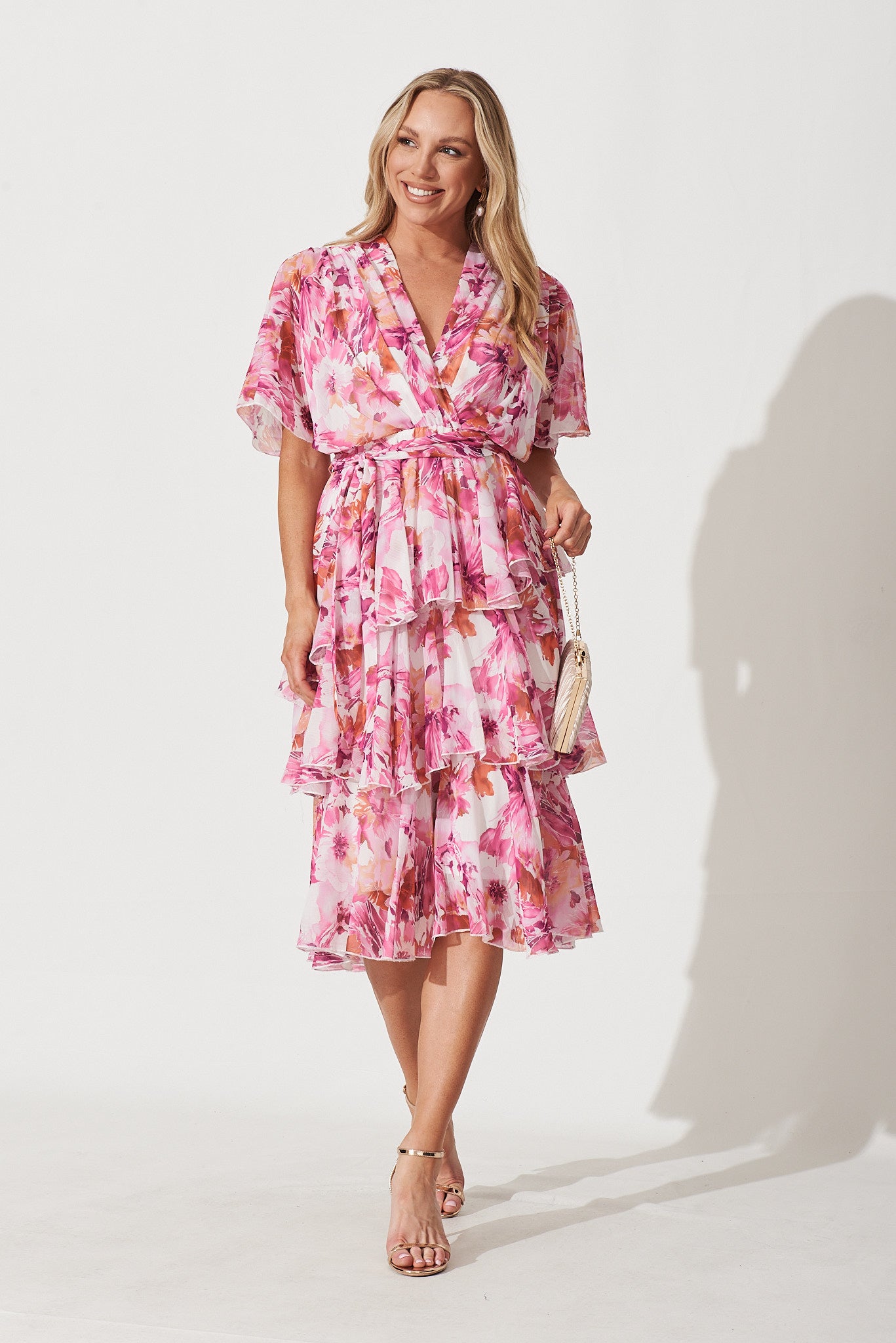 Mindy Midi Dress In White With Pink And Purple Floral Chiffon - full length