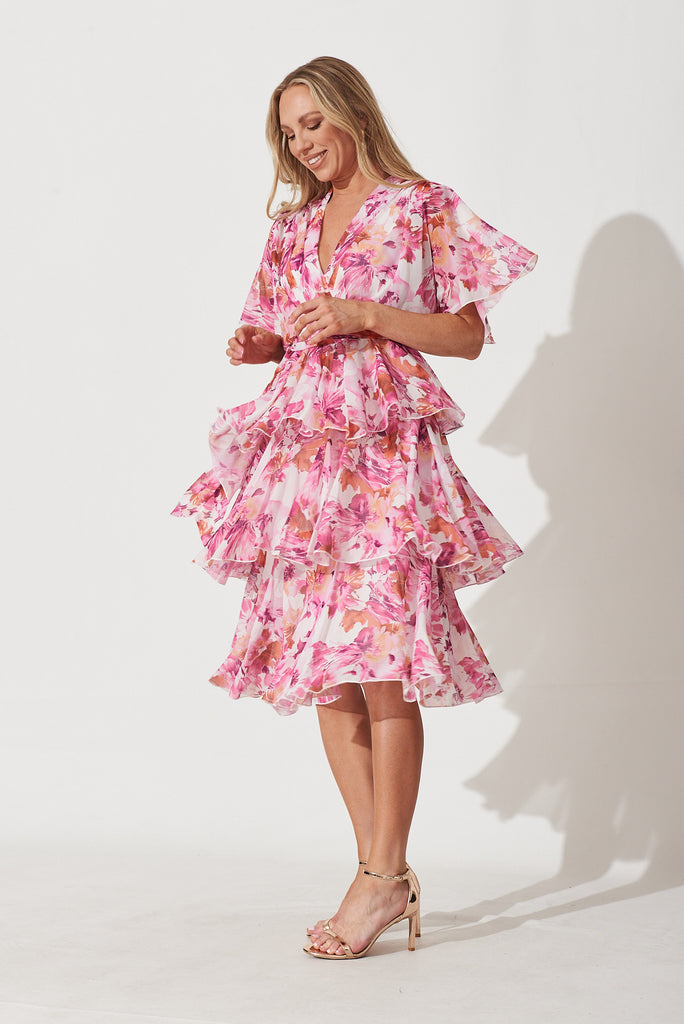 Mindy Midi Dress In White With Pink And Purple Floral Chiffon - side