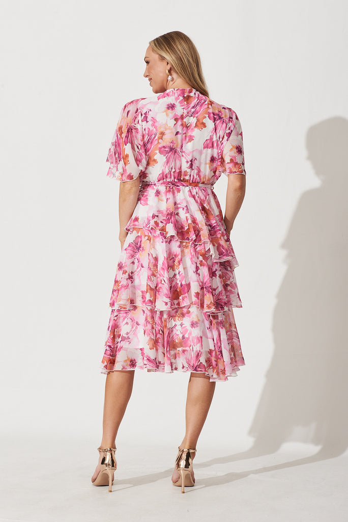 Mindy Midi Dress In White With Pink And Purple Floral Chiffon - back