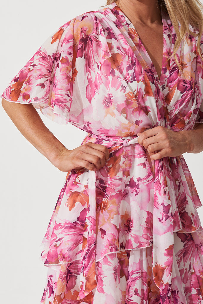 Mindy Midi Dress In White With Pink And Purple Floral Chiffon - detail