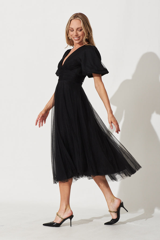 Juliet Midi Dress In Black Tulle - side