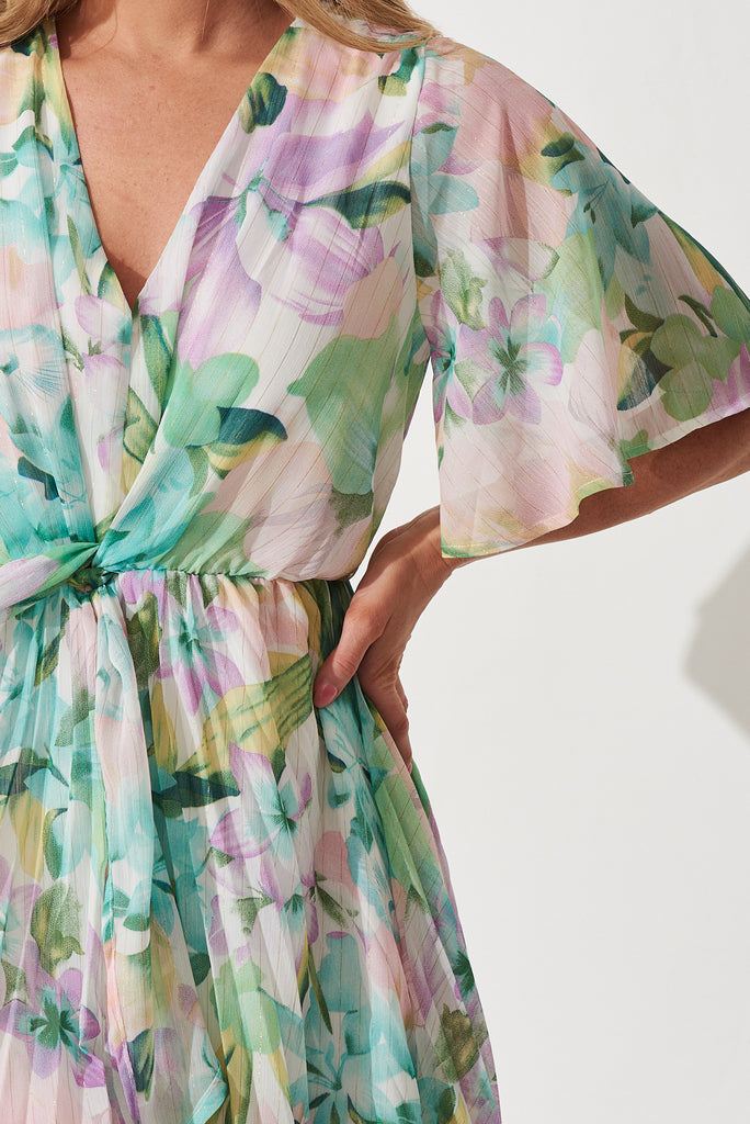 Blakely Dress In Green Floral Lurex Chiffon - detail