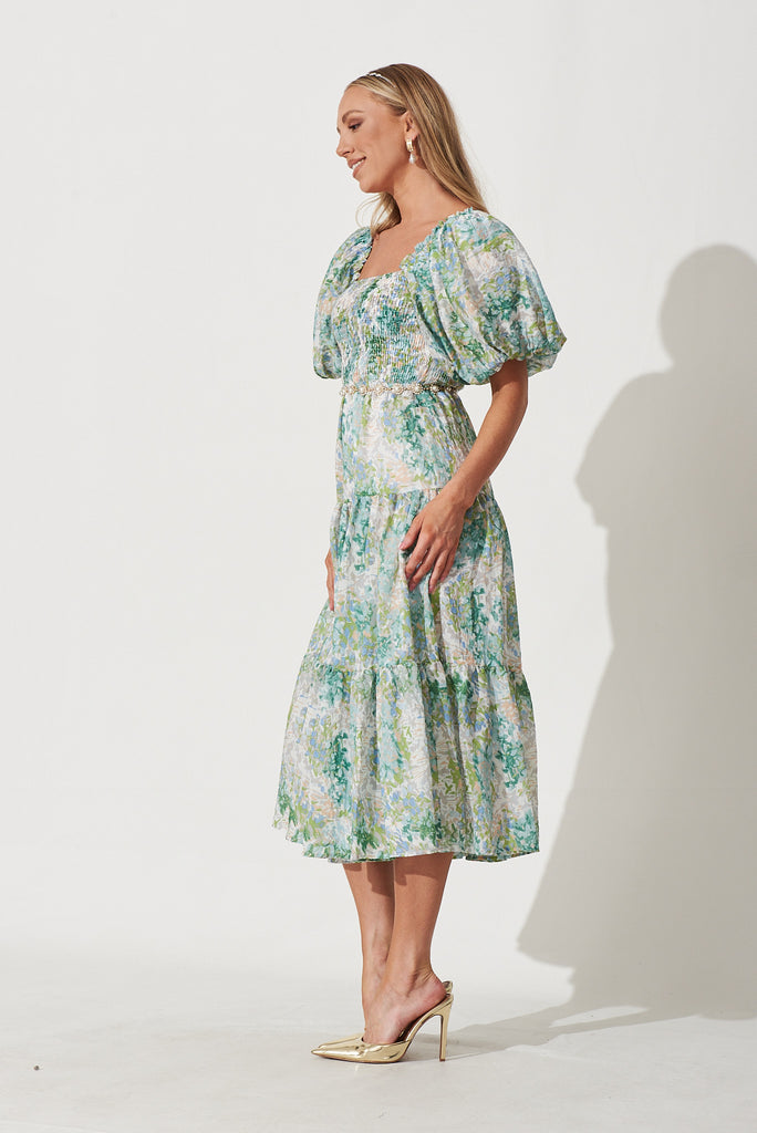 Kaitie Midi Dress In Green Watercolour Floral Print - side