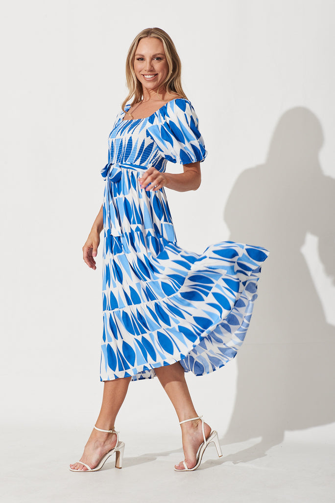 Leslie Midi Dress In White With Blue Print - side