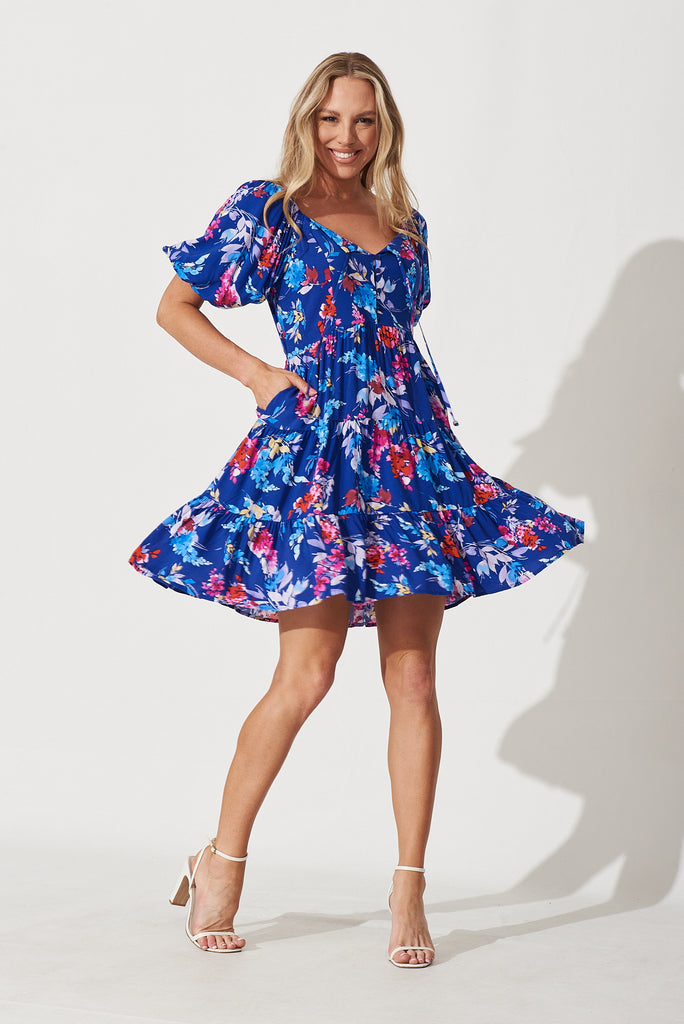 Odelya Dress In Blue With Pink Floral - full length