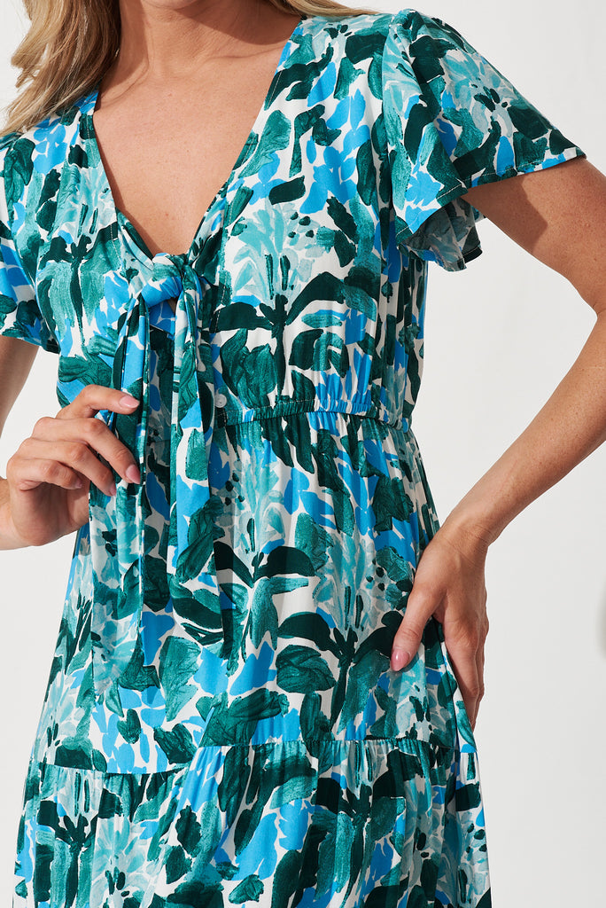 Emzie Maxi Dress In Green With Blue Leaf Print - detail