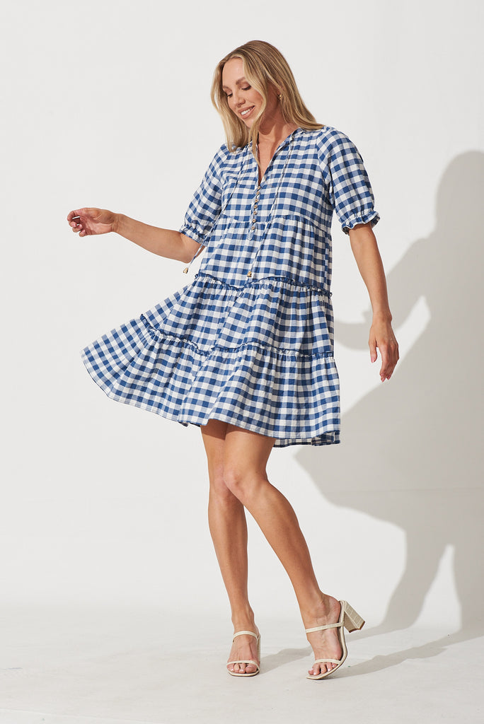 Berridale Dress In Blue With White Gingham Cotton - full length