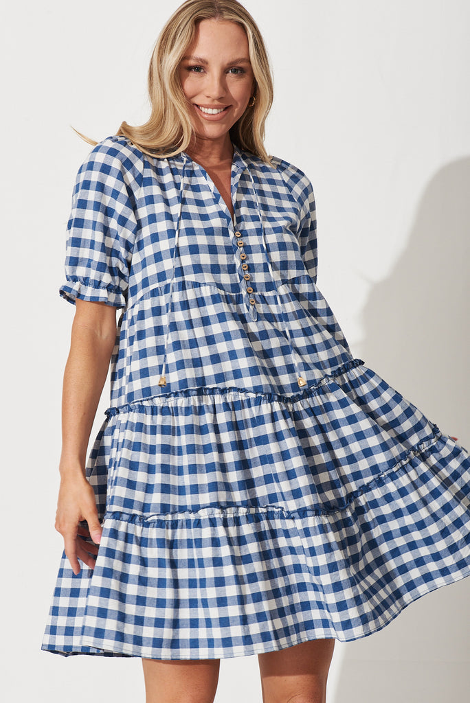 Berridale Dress In Blue With White Gingham Cotton - front