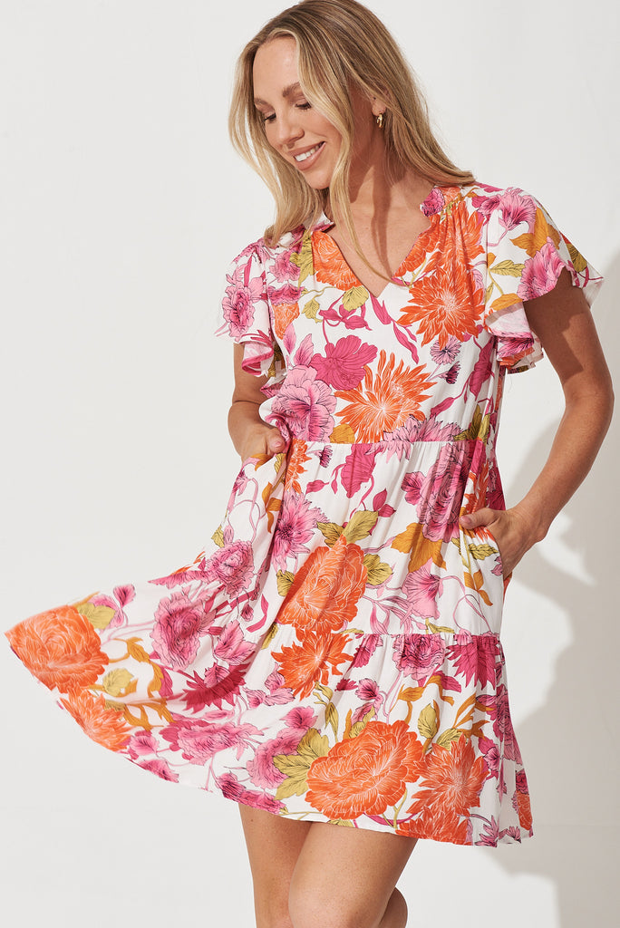 Tiarne Dress In Orange And Pink Floral - front