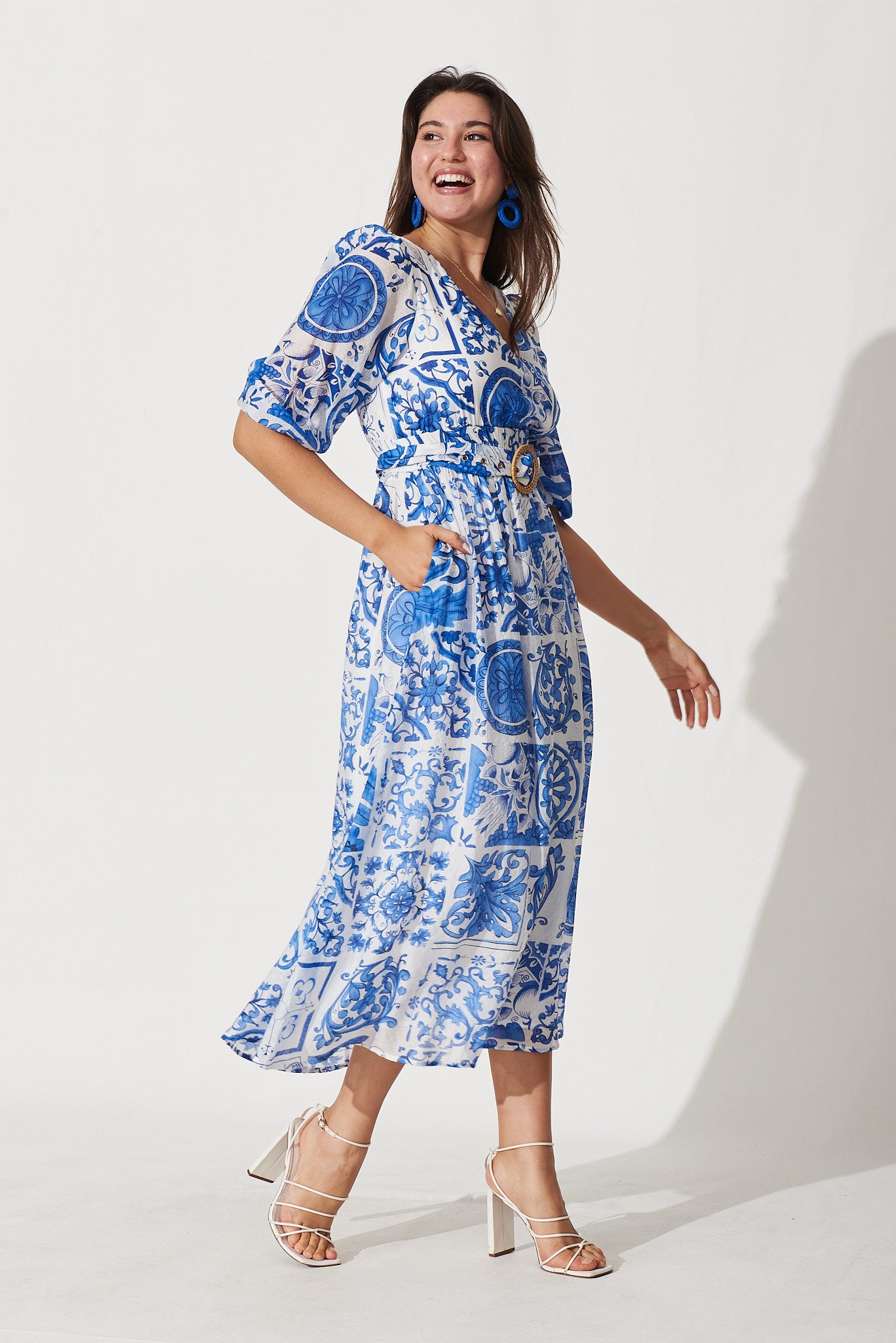 Adrina Maxi Dress In White With Blue Tile Print St Frock
