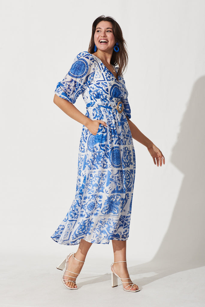 Adrina Maxi Dress In White With Blue Tile Print - side