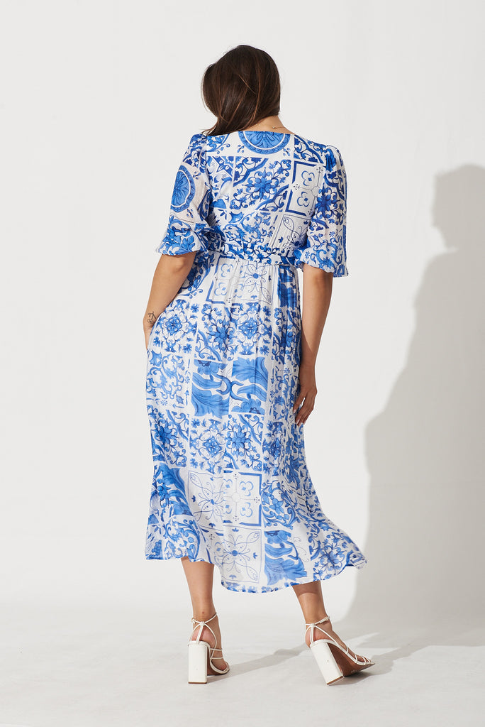 Adrina Maxi Dress In White With Blue Tile Print - back