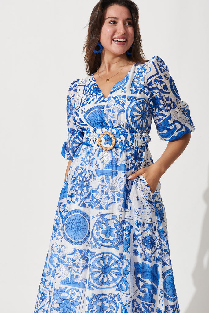 Adrina Maxi Dress In White With Blue Tile Print - front