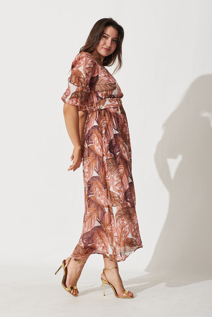 Adrina Maxi Dress In White With Blush Leaf Print - side