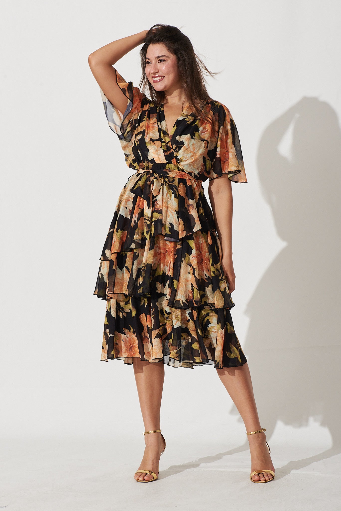 Mindy Midi Dress In Black With Apricot Floral Chiffon – St Frock
