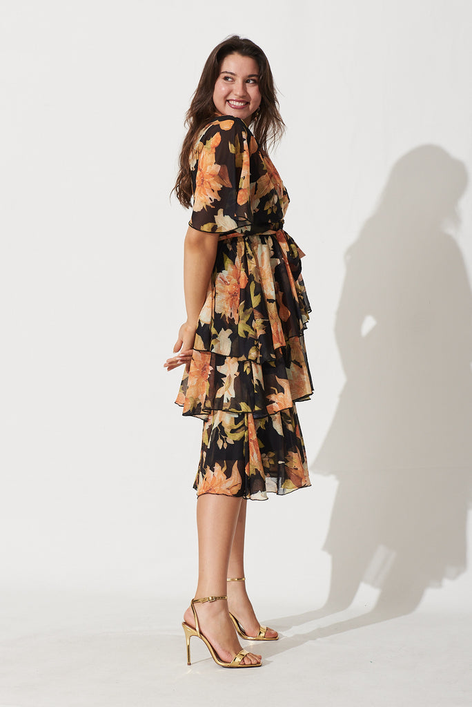 Mindy Midi Dress In Black With Apricot Floral Chiffon - side