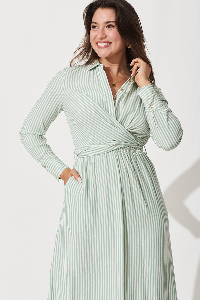 Harley Midi Dress In White With Green Stripe - front