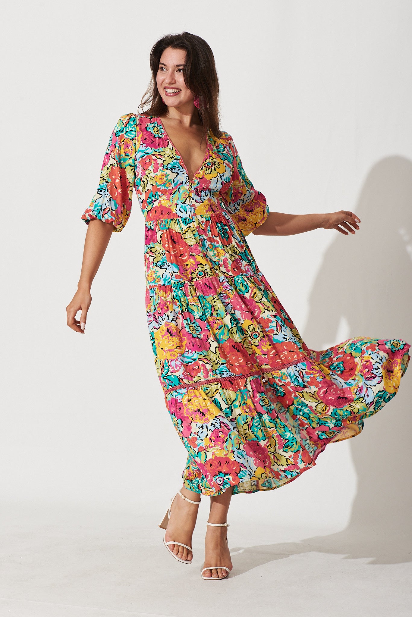 Floral printed maxi shirt dress sale