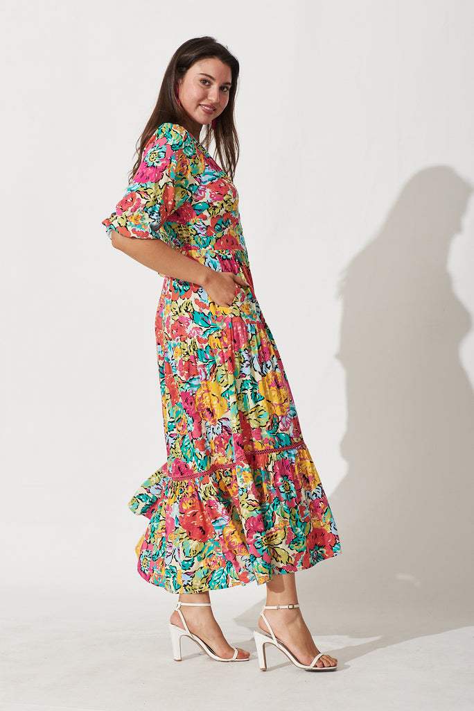 Natasha Maxi Shirt Dress In Pink With Mustard And Green Floral - side