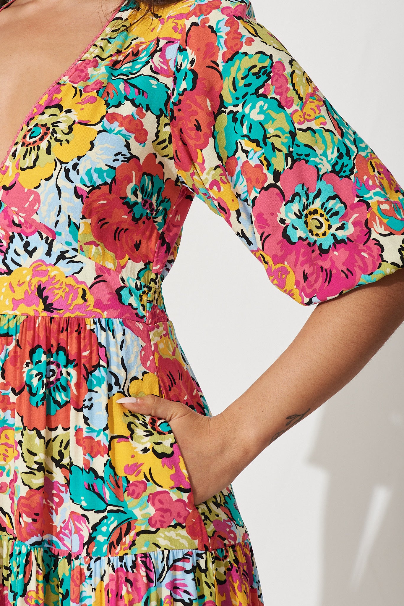 Natasha Maxi Shirt Dress In Pink With Mustard And Green Floral