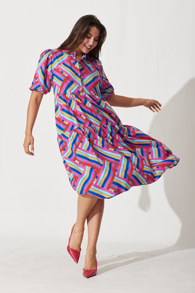 Beadlow Midi Smock Dress In Multi Geometric Print - full length