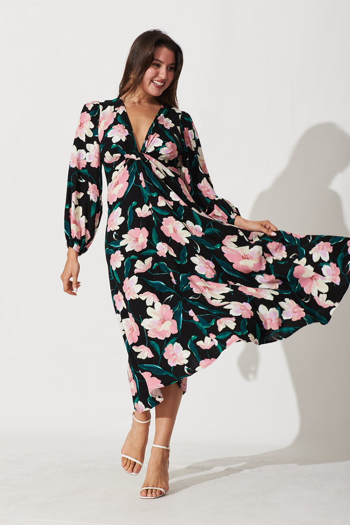 Edith Midi Dress In Black With Blush Floral Linen Blend - full length